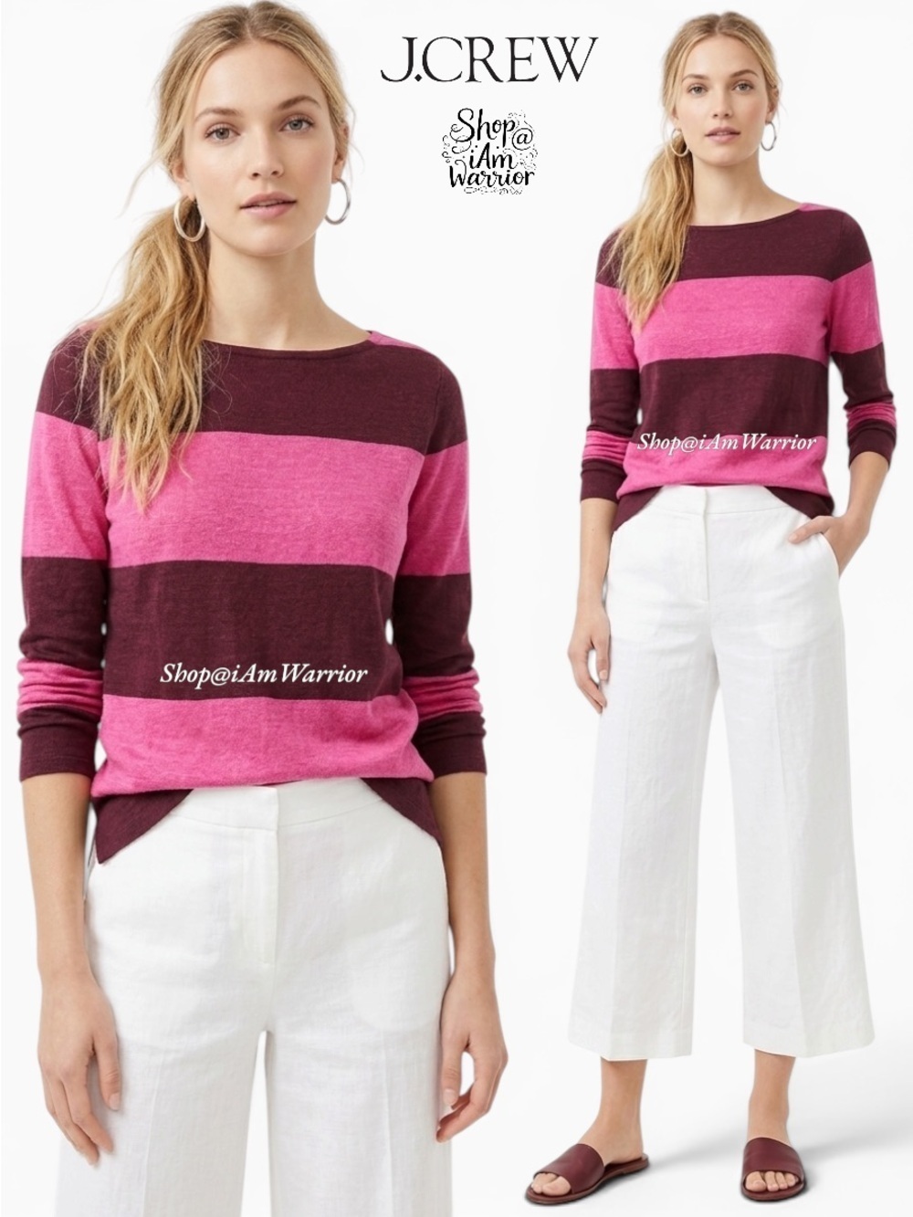 J.Crew pink & burgundy rugby striped linen top *shop@iamwarrior